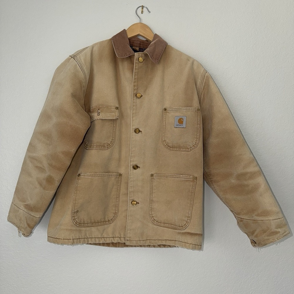 Carhartt Chore Coat Mens 40R Beige Brown Blanket Lined Distressed Canvas Vintage